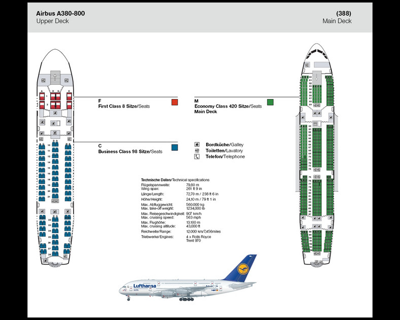 Airbus A380: Plan siedzeń. Fot. Lufthansa
