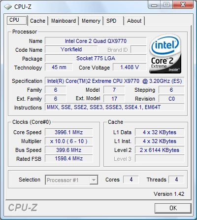 Core 2 Quad QX9770 podkręcony do 4 GHz - 10 x 400 MHz