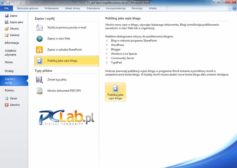 MS Word 2010 – publikowanie jako wpis na blogu (kliknij, aby powiększyć)