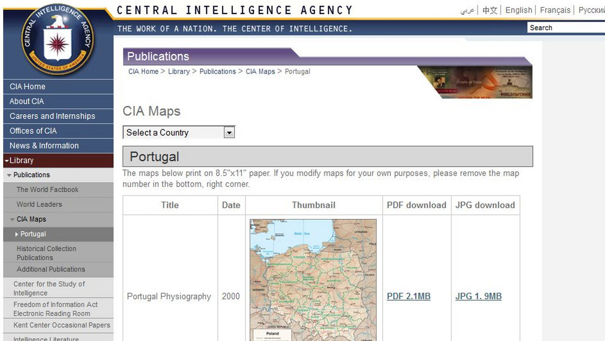 Internauta odwiedzający oficjalną stronę amerykańskiej agencji CIA może się zdziwić. Amerykański wywiad udostępnia ze swoich zbiorów mapy krajów Europy, pośród nich Portugalii. Przyglądając się dokładniej nie zobaczymy jednak zarysu kraju położonego na Półwyspie Iberyjskim, a znajomy kontur Polski.