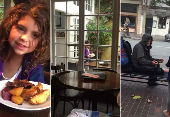 Dziewczynka oddaje swój posiłek bezdomnemu przed restauracją. Wszystko nakręcił dumny tata