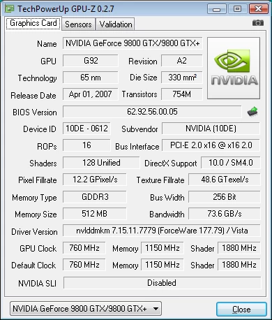 Informacje podawane przez GPU-Z na temat karty MSI N9800GTX PLUS-T2D512-OC