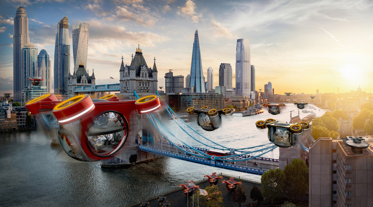A virtuális felvétel szerint így néz majd ki London öt évtized múlva, a buszok a levegőben közlekedhetnek a Tower híd fölött átrepülve /Fotó: Profmedia-Red Dot