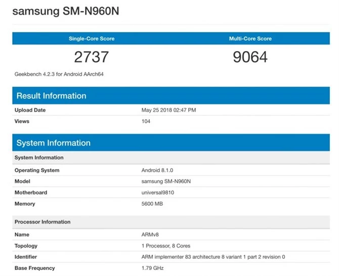 Samsung Galaxy Note 9 w bazie Geekbench