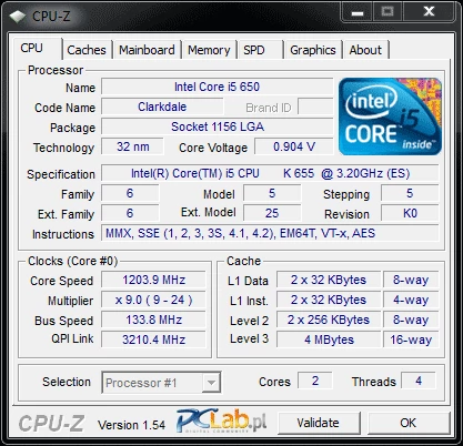Tak CPU-Z wykrywa Core i5-655K