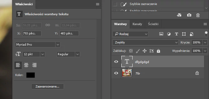 Adobe Photoshop CC 2017 - panel Właściwości z ustawieniami warstwy tekstowej