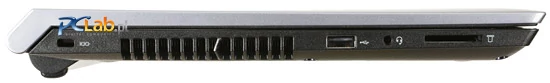 Lewa strona: Kensington Lock, 1 × USB 3.0, gniazdo audio, czytnik kart pamięci