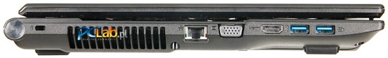 Lewa strona: Kensington lock, złącze karty sieciowej, VGA, HDMI, 2 × USB 3.0