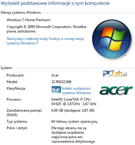 Na dysku zainstalowano Windows 7 Home Premium w wersji 64-bitowej. Są 4 GB pamięci, co dla większości użytkowników jest wielkością optymalną