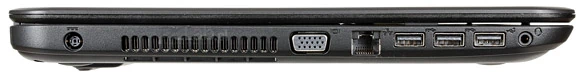 Lewa strona: gniazdo zasilacza, D-sub, RJ-45, 2 × USB 3.0, USB 2.0, dwufunkcyjne gniazdo audio