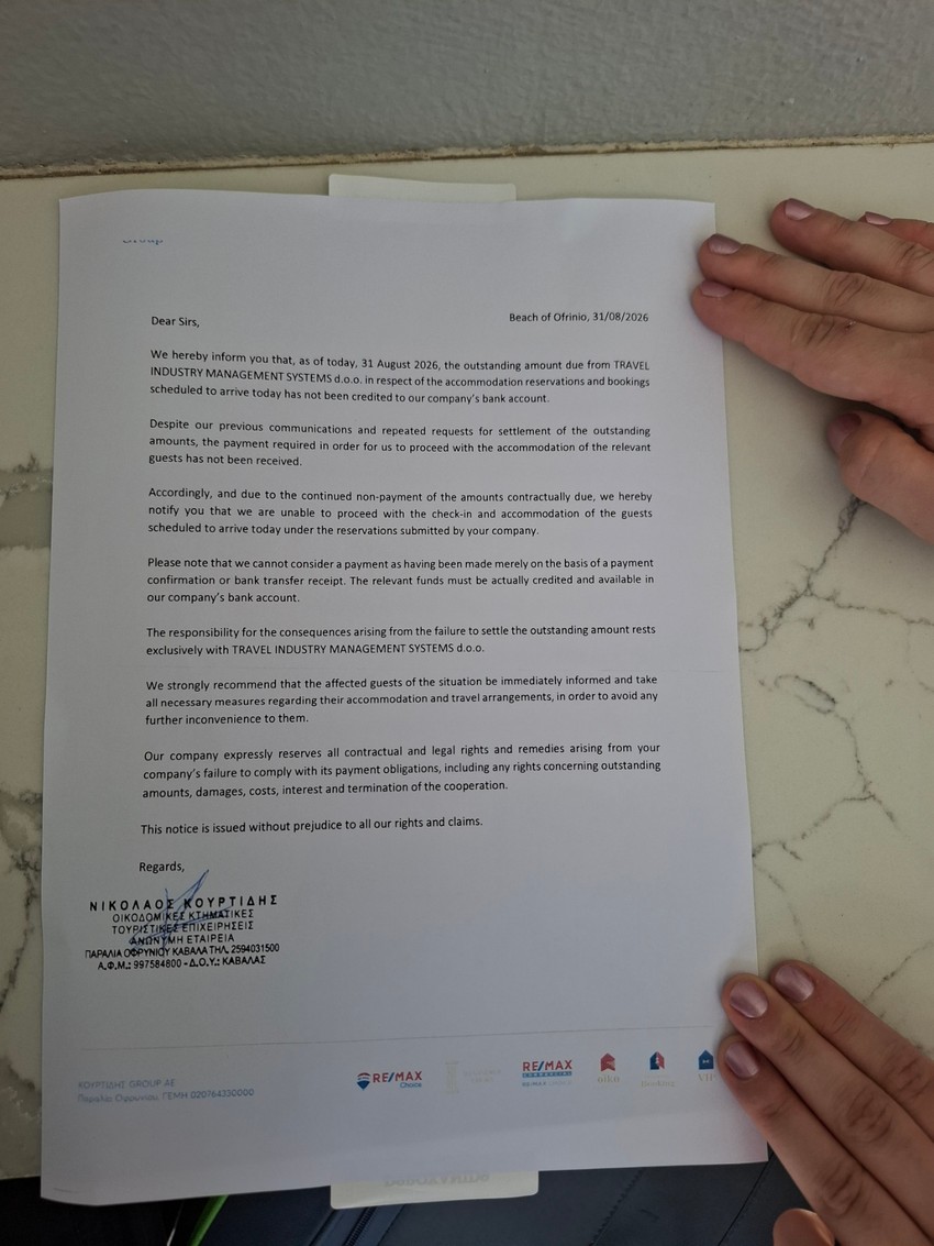 Dopis grčke agencije, srpskoj agenciji koji je dat turistima na uvid