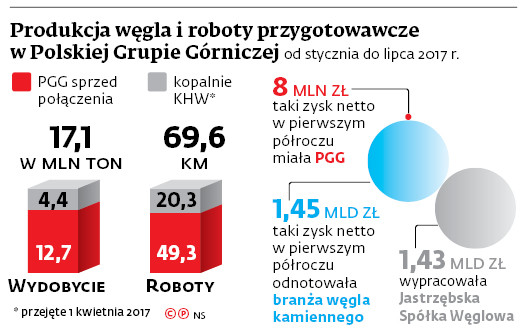 Produkcja węgla i roboty przygotowawcze w Polskiej Grupie Górniczej od stycznia do lipca 2017 r.