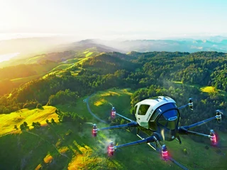 Autonomiczny Pojazd chińskiej firmy EHang wgląda jak wielki dron z kabiną. Może transportować dwie osoby i lata w dwóch chińskich prowincjach.