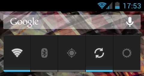 Typowy widżet zarządzania połączeniami. Od lewej: wyłącznik Wi-Fi, Bluetooth, GPS, automatycznej synchronizacji, przełącznik jasności ekranu