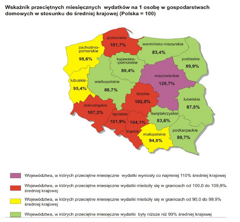 Wskaźnik przeciętnych miesięcznych wydatków na 1 osobę w gospodarstwach domowych w stosunku do średniej krajowej, źródło: GUS