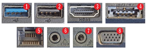 Warto wiedzieć, jak wyglądają poszczególne gniazda w laptopach. Oto najważniejsze z nich: USB 3.0 (1), USB 2.0 (2),  HDMI (3), e-SATA (4), LAN (Ethernet) (5), wyjście słuchawkowe (tu połączone z portem S/PDiF) (6), wejście mikrofonu (7), wyjście monitorowe (D-Sub) (8)