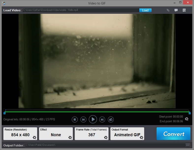 Główne okno programu do zmiany filmu na animację GIF - Video to GIF Converter