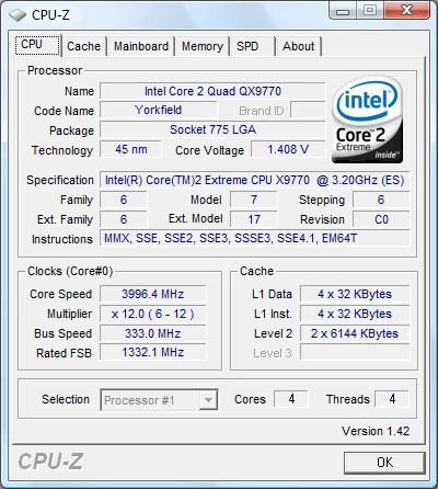 Core 2 Quad QX9770 podkręcony do 4 GHz - 12 x 333 MHz