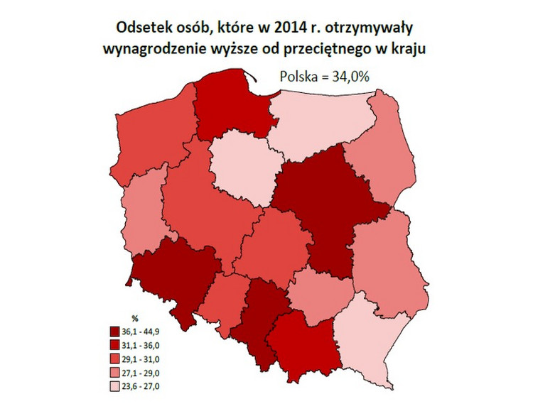 Odsetek osób, które w 2014 r. otrzymywały wynagrodzenie wyższe od przeciętnego w kraju