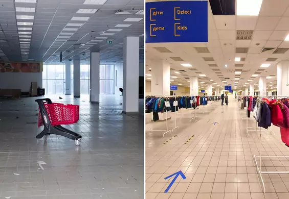 Szafa Dobra dla uchodźców w opuszczonym markecie. Zdjęcia przed i po