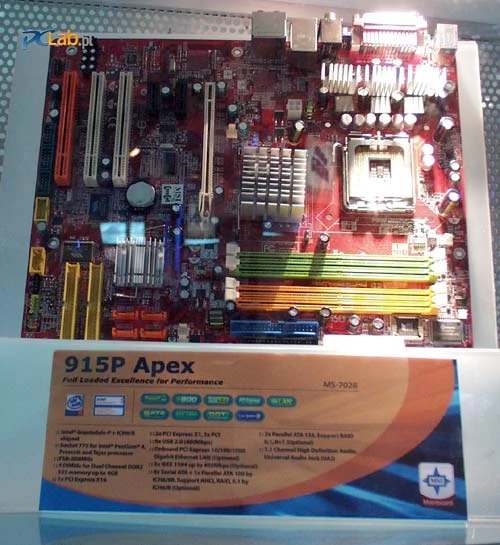 Płyta MSI 915P Apex to młodsza siostra opisanej powyżej. Jej sercem jest chipset i915P - Grantsdale-P. Pozostałe parametry - jak w modelu 925X Apex.