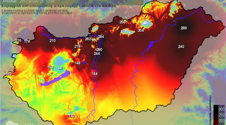 A térképen látható, hogy brutális mértékre ugrott a légszennyezettség Magyarországon /Fotó: idokep.hu