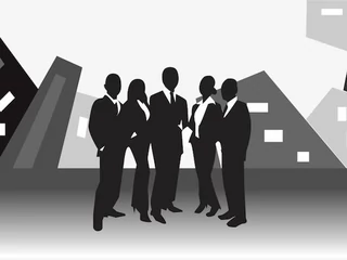 vector image of business team standing in front of office buildings