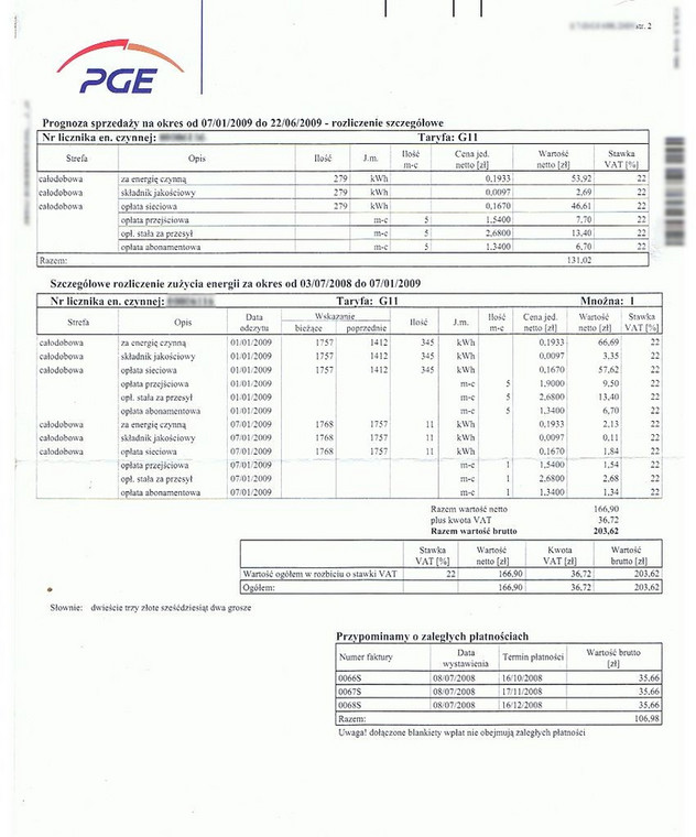 Przykładowy rachunek PGE za prąd