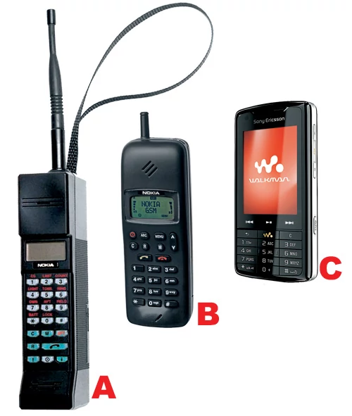 EwolucjaPrzez ostatnich 15 lat wygląd telefonów komórkowych zmieniał się wraz z rozwojem sieci - od modelu Cityman firmy Nokia (A) (sieć NMT), przez telefon GSM Nokia 6110 (B) do najnowszej komórki UMTS Sony Ericsson W960i (C)