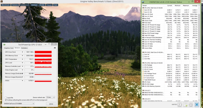 Parametry procesora i karty graficznej przy obciążeniu GPU (kliknij, aby powiększyć)