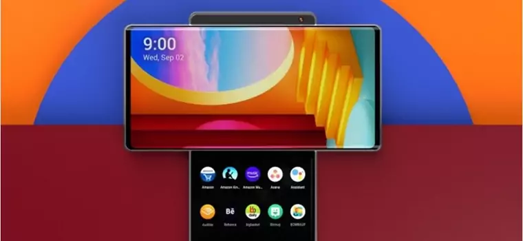 LG Wing pozuje na renderze prasowym. Z przodu krzyż, z tyłu Galaxy Note 20