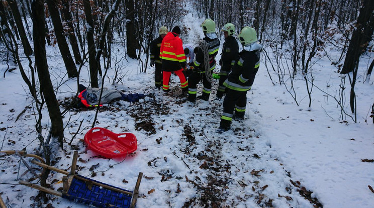 Egy erdős domboldalon gyalog kellett cipelniük a mentőknek a sérülteket /Fotó: PMKI Gödöllő HTP