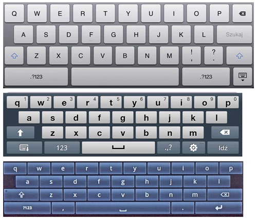 Od góry... Najwygodniejszą dotykową klawiaturę ma iPad, również mniejsza w Samsung GALAXY sprawdza się dobrze. Typowy układ z systemu Android 2.1 nie jest zbyt wygodny