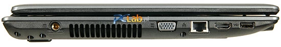 Lewa strona: złącze zasilacza, VGA, RJ45, HDMI, port USB 2.0