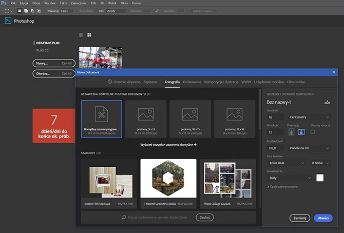 Adobe Photoshop CC 2017 - okno tworzenia nowego dokumentu