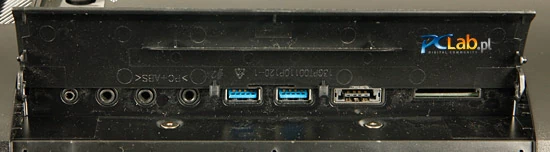 Lewy bok: gniazda audio (wyjście subwoofera, mikrofonu, słuchawek oraz AUX), dwa porty USB 3.0, gniazdo e-SATA/USB 2.0 oraz czytnik kart pamięci