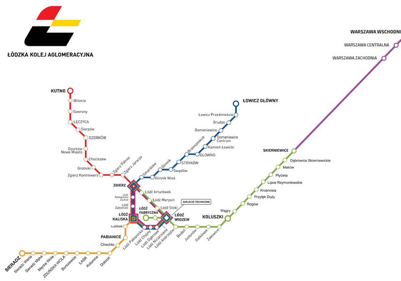 Łódzka Kolej Aglomeracyjna - schemat połączeń z uwzględnieniem weekendowych kursów Łódź-Warszawa