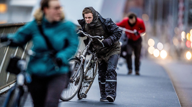 Biciklisek küzdenek a széllel Rotterdamban csütörtökön /Fotó: AFP