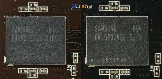 Po lewej kość pamięci GeForce'a 9800 GTX+, a po prawej – GeForce'a 9800 GTX