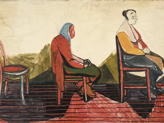 Kolejka trwa, 1956, gwasz, akwarela, papier, 99,6×150,8 cm, Starak Collection