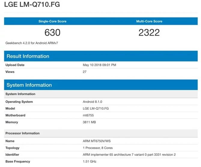 LG Q7 w bazie Geekbench