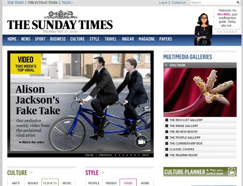 Strona Sunday Times - tutaj także za kilka dni poczytają sobie jedynie zalogowani użytkownicy