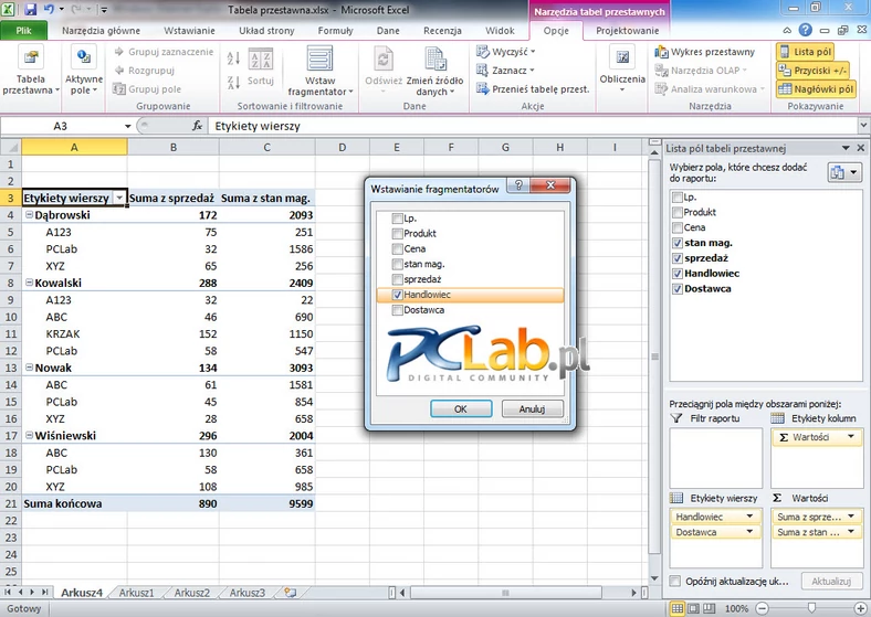 MS Excel 2010 – określanie fragmentatora (kliknij, aby powiększyć)