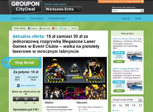 W maju Groupon przejął innego dużego konkurenta - CityDeal. Polscy internauci mogą się cieszyć okazyjnymi ofertami serwisu w ponad 20 miastach