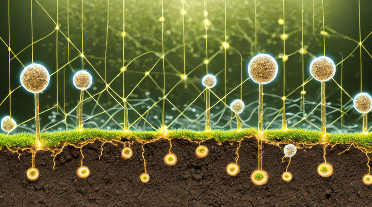 Így képzeli a mesterséges intelligencia a baktériumok által létrehozott földalatti elektromos hálózatot. A talajlakó baktériumok olyan túlélési technikákat fejlesztettek ki, amelyek alapos megismerése komoly tudományos áttörésekhez vezethet. / Kép: Adobe Firefly/Blikk