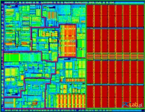Jądro procesora Pentium M - czerwony obszar po prawej to 1 MB pamięci cache L2