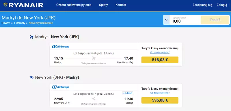 Przykładowa, podstawowa cena lotu Madryt-Nowy Jork (bez dodatkowych promocji)