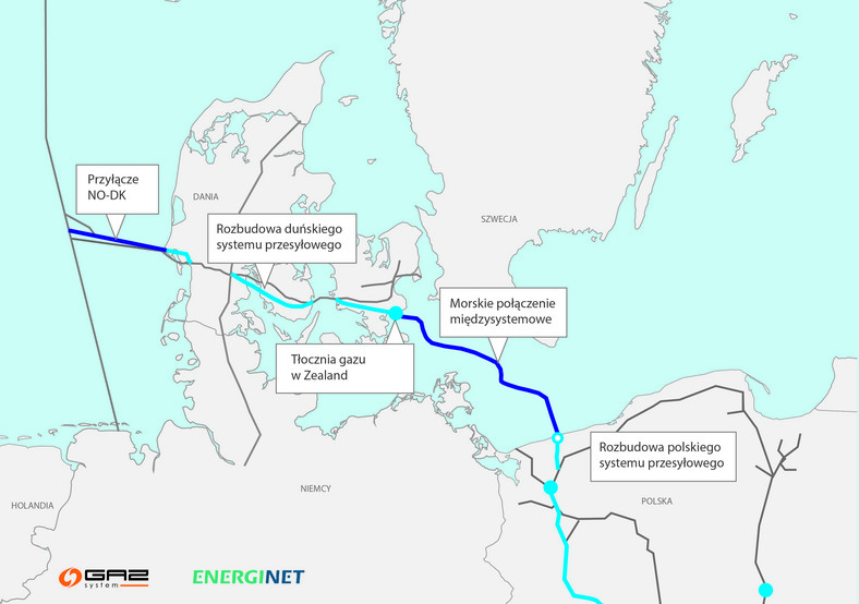 Planowany przebieg gazociągu Baltic Pipe, źródło: Gaz-System