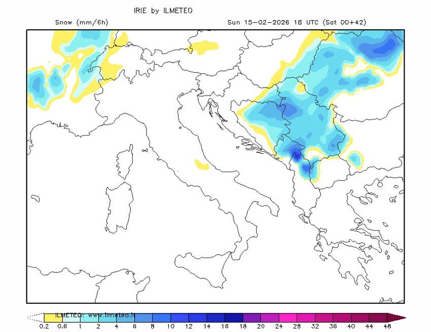 Mapa snežnih padavina za 15. februara oko 18 časova