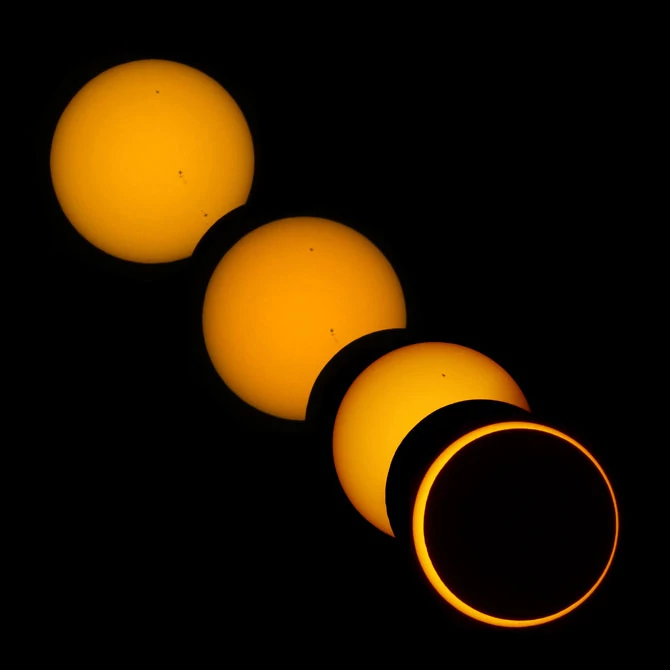 Kolejne etapy zaćmienia Słońca. Autor: Brocken Inaglory (Praca własna) [CC BY-SA 3.0  lub GFDL (http://www.gnu.org/copyleft/fdl.html)], Wikimedia Commons